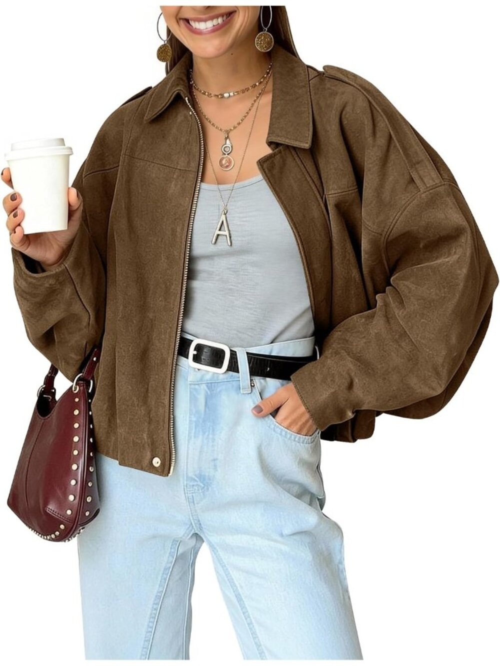 Women’s Brown Faux Suede Oversized Bomber Jacket Cropped Lapel Street Wear